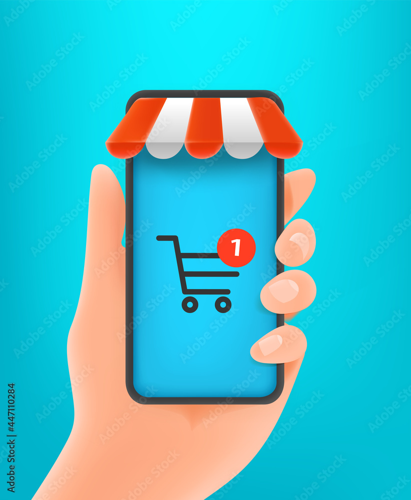 Poster man holding mobile phone with shopping application