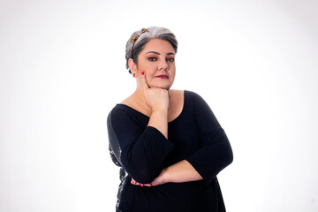 People diversity young lady with gray hair with hand on chin thoughtful wearing black on white background