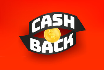 Cash back red banner with arrows and gol coin - obrazy, fototapety, plakaty