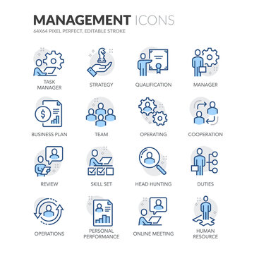 Simple Set of People Management Related Vector Line Icons.  Contains such Icons as Task Manager, Qualification, Head Hunting and more. Editable Stroke. 64x64 Pixel Perfect.