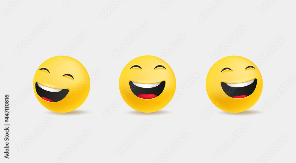 Poster emoticons in cute 3d style vector set isolated on white. laughing