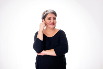 People diversity young lady with gray hair making gesture and smile wearing black on white background