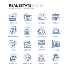 Simple Set of Real Estate Related Vector Line Icons.  Contains such Icons as For Rent Sign, Office, Location and more. Editable Stroke. 64x64 Pixel Perfect.