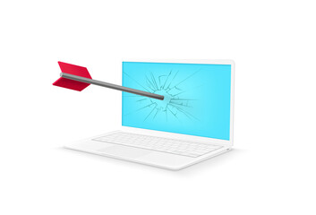 Damaged computers screen by dart. 3d style vector illustration