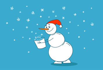 Cute snowman with bucket of snowflakes