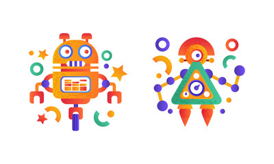 Set of Colorful Robots Icons, Funny Chatbots, Androids Flat Vector Illustration