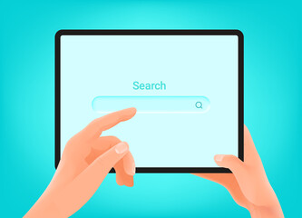 Man holding tablet computer and using searching in browser window