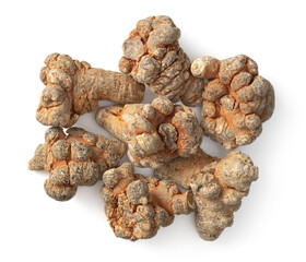 Dried Panax notoginseng roots isolated on white background, top view