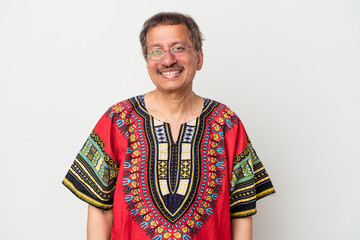 Fototapeta premium Senior indian man wearing a Indian costume isolated on white background happy, smiling and cheerful.