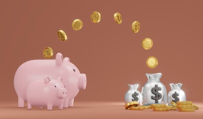 3D Rendering concept of investment, savings. Big and small piggy banks with coins  and money bags on background for commercial design. 3D Render. 