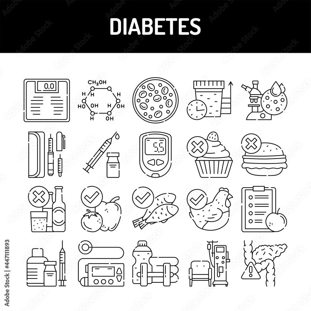 Poster diabetes line icons set. isolated vector element.