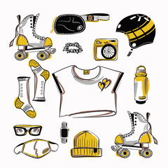 A set of roller jogging elements. Women's accessories for roller skating. Roller skates, helmet, T-shirt, water bottle, waist bag, hat, camera, socks, glasses, watch, mask.
