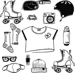 A set of vector elements roller jogging.Women's accessories for roller skating. Roller skates, helmet, T-shirt, water bottle, waist bag, hat, camera, socks, glasses, watch, mask.