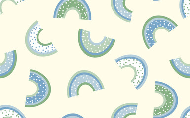 Trendy seamless pattern with colorful rainbow on color background. Design for invitation, poster, card, fabric, textile, fabric. Cute holiday illustration for baby. Doodle style