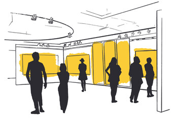 People looking modern paintings at contemporary art gallery. Tourists watching exhibits in museum. Sketch style vector illustration - obrazy, fototapety, plakaty