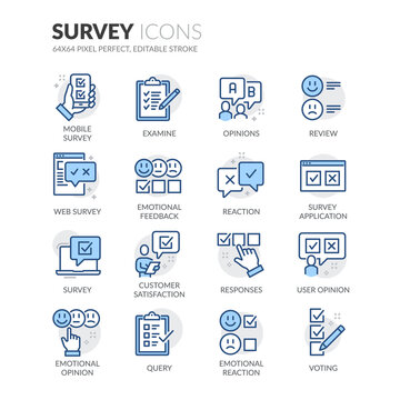 Simple Set of Survey Related Vector Line Icons.  Contains such Icons as Review, Customer Opinion, Web Survey and more. Editable Stroke. 64x64 Pixel Perfect.