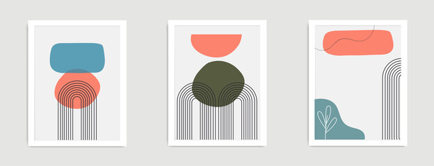 Set of abstract contemporary mid century posters with geometric shapes. Design for wallpaper, background, wall decor, cover, print, card, branding. Modern boho minimalist art. Vector illustration.