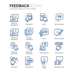 Simple Set of Feedback Related Vector Line Icons.  Contains such Icons as Review, Rating, Testimonials and more. Editable Stroke. 64x64 Pixel Perfect.