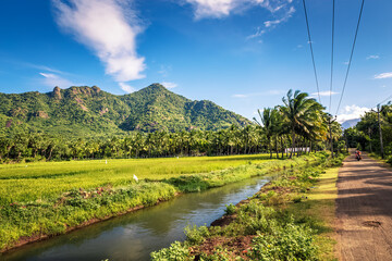 Beautiful landscape with mountain and blue sky background in Nagercoil. Tamil Nadu, South India.