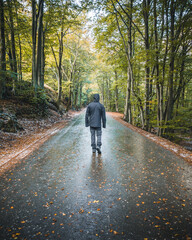 man walking alone on a path in the forest on a rainy day