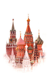 St. Basil Cathedral and Spasskaya tower, Red Square, Moscow, isolated on white background with...