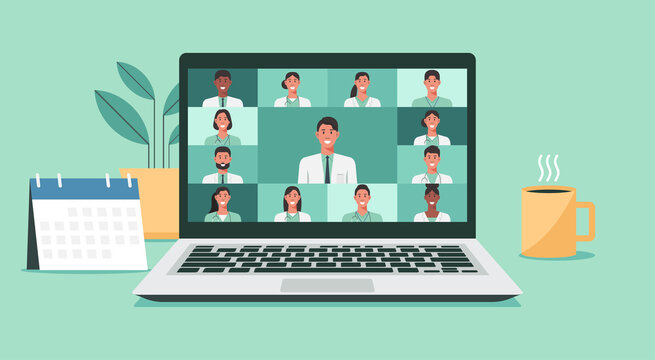 telemedicine, online medical consultation and support services concept, virtual healthcare with doctors connecting together on laptop, video conference, vector flat illustration