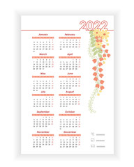 Wall Calendar 2022. Beautiful, elegant, floral vertical photo calendar template. Calendar design 2022 year in English. Week starts from Monday. Vector illustration