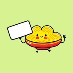 Cute funny Spaghetti with poster. Vector hand drawn cartoon kawaii character illustration icon. Isolated on green background. Spaghetti think concept