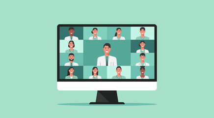 telemedicine, online medical consultation and support concept, virtual healthcare with doctors connecting together on computer, video conference, vector flat illustration