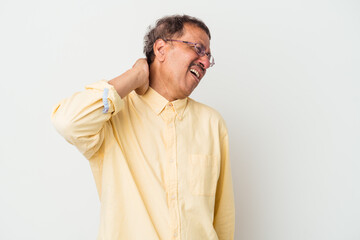 Middle aged indian man isolated on white background suffering neck pain due to sedentary lifestyle.