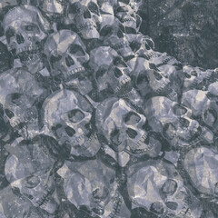 Wall of cartoon-style skulls on an old shabby surface that open their mouths. 3d rendering digital illustration