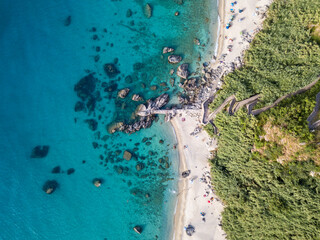 Aerial view of Michelino beach in Parghelia, Tropea. Calabria. Italy. Transparent sea and luxuriant...