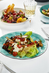 Salad with baked eggplant and ricotta cheese, close-up, fresh taste of soft ricotta cheese with lettuce leaves and coarsely chopped baked eggplant wedges