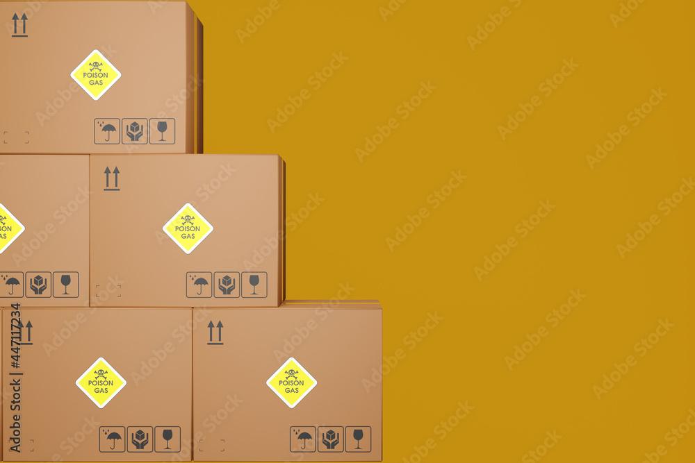 Wall mural dangerous goods, cardboard boxes with markings poison gas on a yellow-brown background. 3d rendering