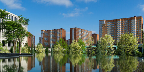 Beautiful mirror reflection of trees and parts of walls stadium and residential buildings in water...