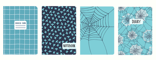 Set of cover page templates based on patterns with hand drawn spider web, gridlines, crosses. Backgrounds for notebooks, notepads, diaries. Headers isolated and replaceable