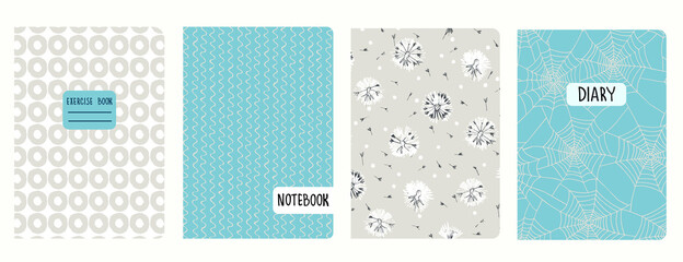 Naklejka premium Set of cover page templates based on seamless patterns with hand drawn spider web, circlres, dandelions. Backgrounds for notebooks, notepads, diaries. Headers isolated and replaceable