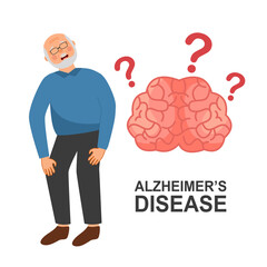 Senior man with Alzheimer’s disease in flat design on white background. Brain illness.