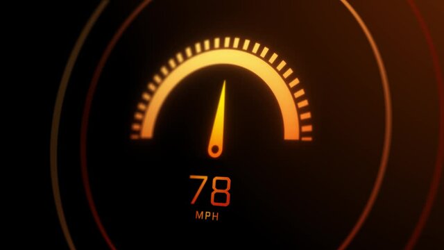 4K Car speedometer with speed level scale Animation. Car tachometer or odometer with speed panel. Racing Car Dashboard Pushing The Limits. Powerful Engine Working In Flames. Technology And Industrial.