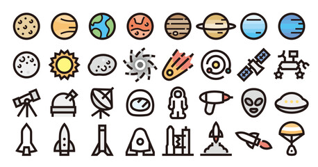 Space and Planet Icon Set (Bold outline Color version) - obrazy, fototapety, plakaty