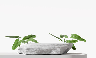 Stone product display podium with nature leaves background. 3D rendering	