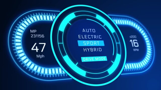 Futuristic HUD self driving vehicle Autonomous High tech screen display design data Animation. Sci Fi, speedometer and statistics panel. Electric car interface, autopilot. Artificial Intelligence.