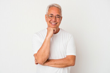 Senior american man isolated on white background smiling happy and confident, touching chin with hand.