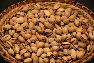 Many dryed salted opened pistachios