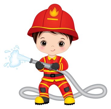 Firefighter Cute Little Dark-Haired Boy with Fire Hose