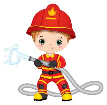 Firefighter Cute Little Boy with Fire Hose
