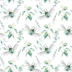 Watercolor floral pattern. Hand drawn print with beetle and herbs on white background