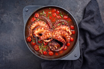 Traditional Italian polpo alla griglia in salsa di pomodoro with barbecued octopus in tomato sauce served as top view in a modern design saucepan with copy space
