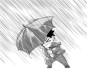 暴風雨の中で傘をさして歩くスーツを着た男性