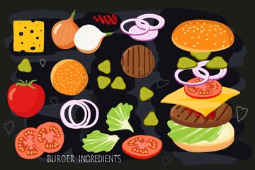 Burger ingredient set isolated on black chalk board. Hamburger Creation Product Kit. Chopped vegetables, bun, cutlet, sauce. Flat design for menu cafe, restaurant, poster. Burger or toast ingredient
